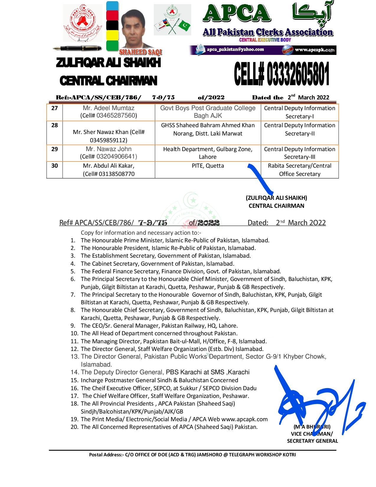 Central Executive Body APCA Pakistan (Shaheed Saqi) Pakistan