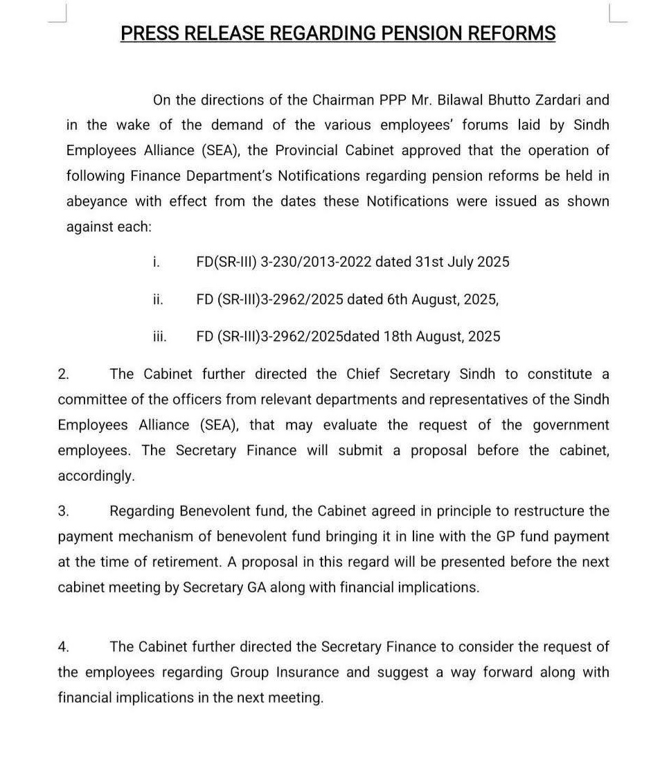 سندھ کابینہ کے فیصلہ کے مطابق سندھ بھرکے ملازمین کے مطالبات پر سرکاری طور پریس رلیز جاری